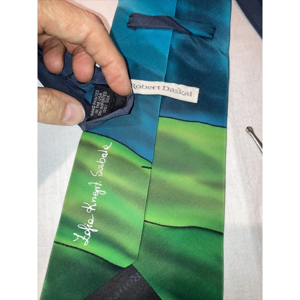 Robert Daskal Hand Painted Silk‎ Golf Tie Sofia Knegt Soubal Green Blue Novelty